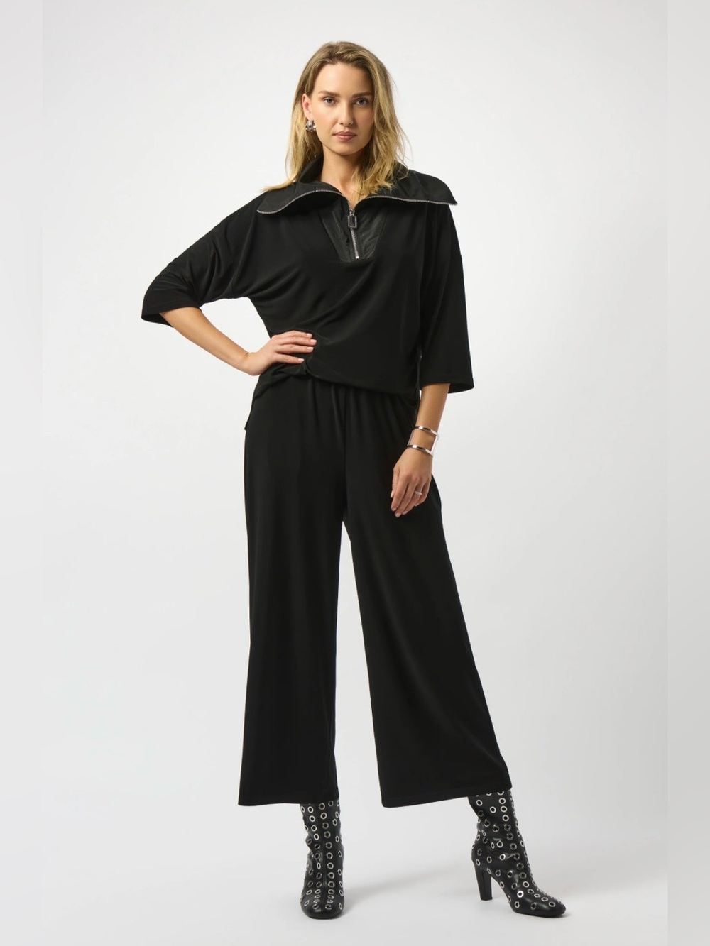 Joseph Ribkoff Black Wide-Leg Jumpsuit, Draped Zip-Collar Top, Size 16